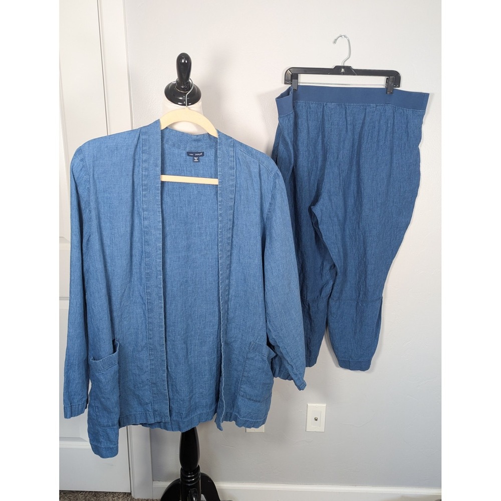 J. JILL Pure Jill Indigo Cardigan Pants Set 3X Blue Open Front Long Sleeve Linen